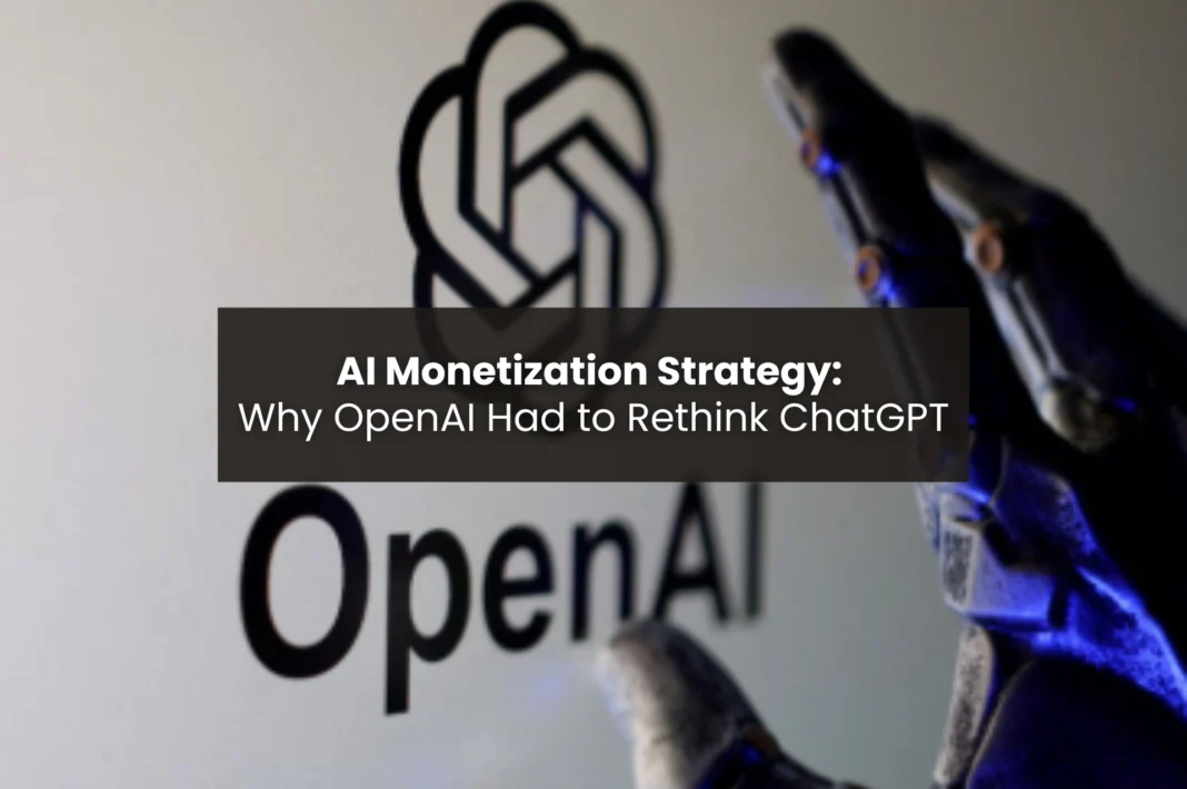AI monetization strategy visual showing OpenAI logo with a robotic hand, representing ChatGPT ads, subscriptions, and platform monetization shift