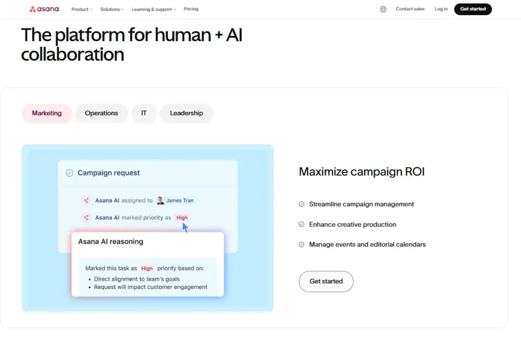 Asana project management interface showing AI task prioritization and campaign workflow tracking.