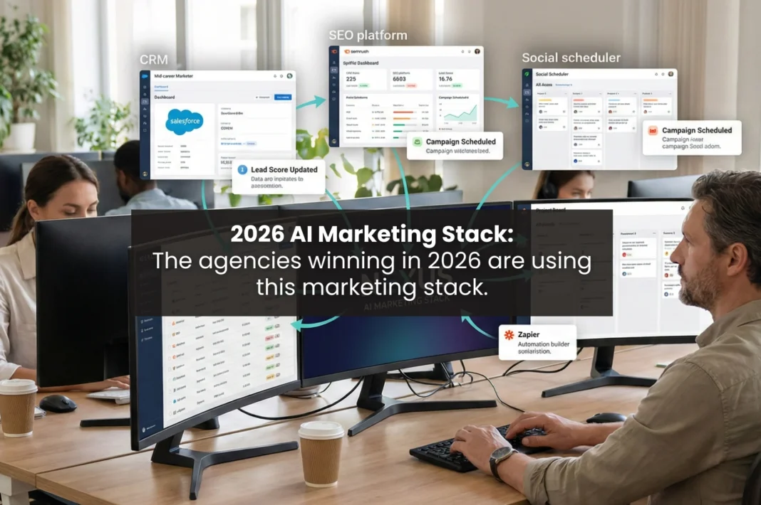 Marketer working across multiple dashboards connected in a 2026 AI marketing stack including CRM, SEO platform, social scheduler, and automation tools.