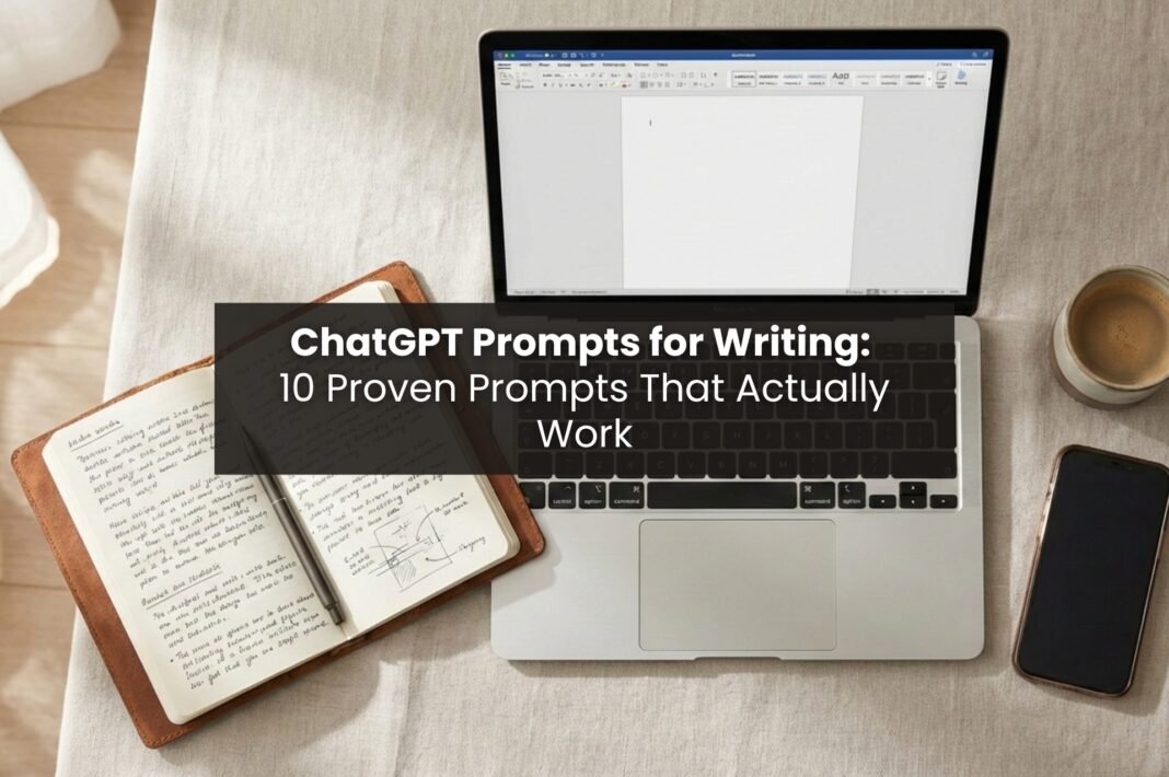 Flat lay of a laptop with a blank document, notebook, coffee, and phone showing a writing setup for using ChatGPT prompts for writing