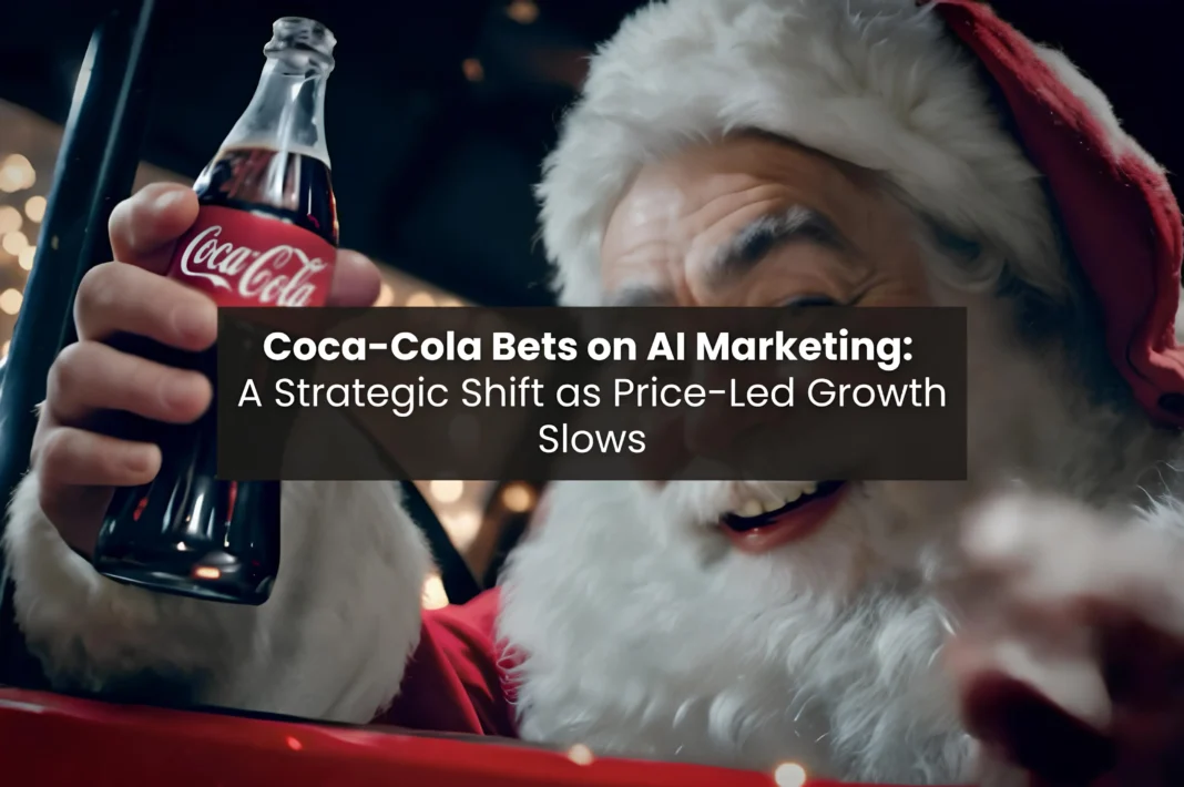 Coca-Cola holiday advertisement featuring Santa holding a Coke bottle, highlighting Coca-Cola AI marketing as the brand shifts from price-led growth to creative AI-driven campaigns