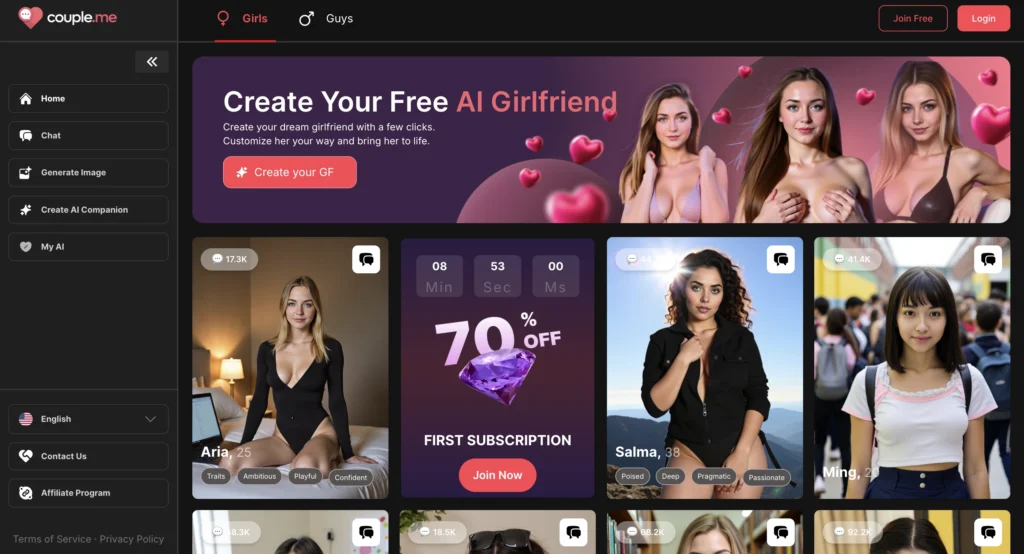 couple.me AI relationship simulation app offering emotional companionship at night