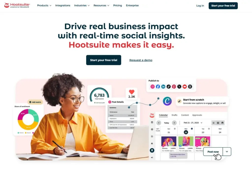 Hootsuite dashboard displaying social media scheduling calendar and analytics insights.