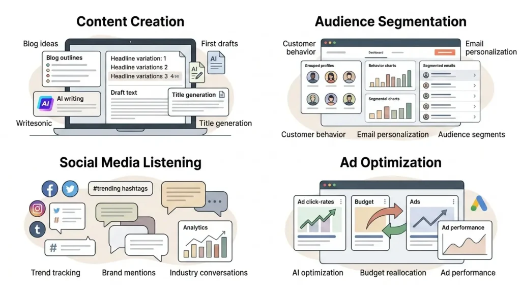 How to use AI in marketing for content creation, audience segmentation, social media listening, and ad optimization using AI tools