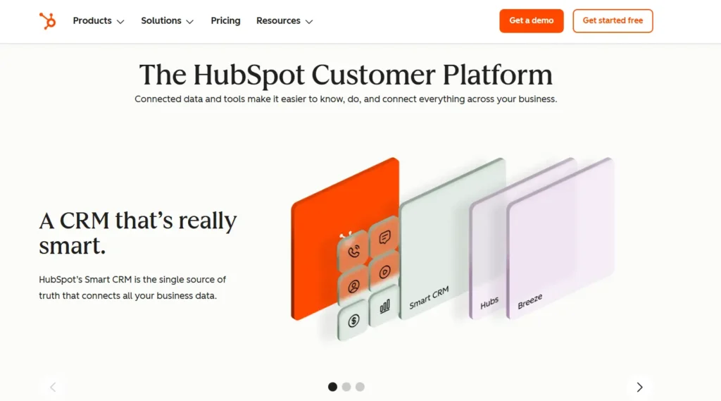 HubSpot Smart CRM dashboard showing connected marketing and sales automation tools.