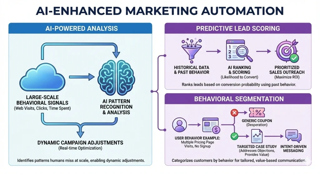 A diagram showing AI analyzing large-scale behavior to drive predictive lead scoring and intent-based messaging.