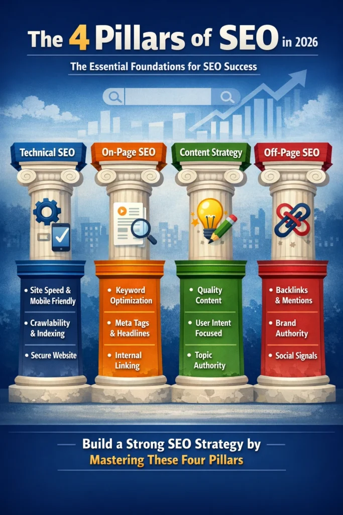Infographic showing the four Pillars of SEO in 2026 including Technical SEO, On Page SEO, Content Strategy, and Off Page SEO arranged as foundational columns supporting long term rankings and visibility.