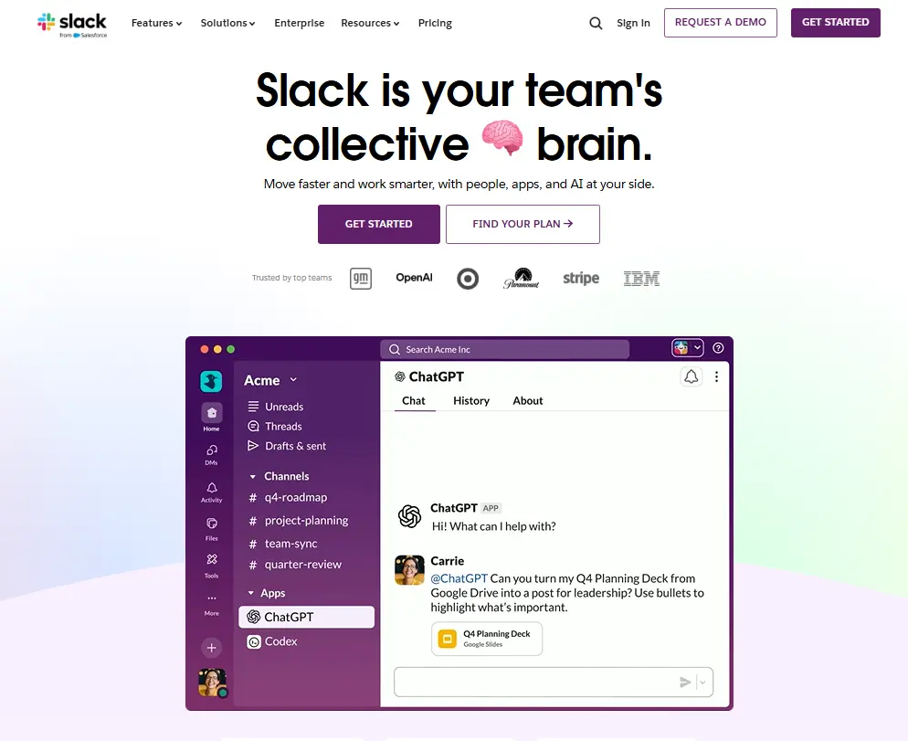 Slack workspace interface showing team communication channels and integrated app workflows.