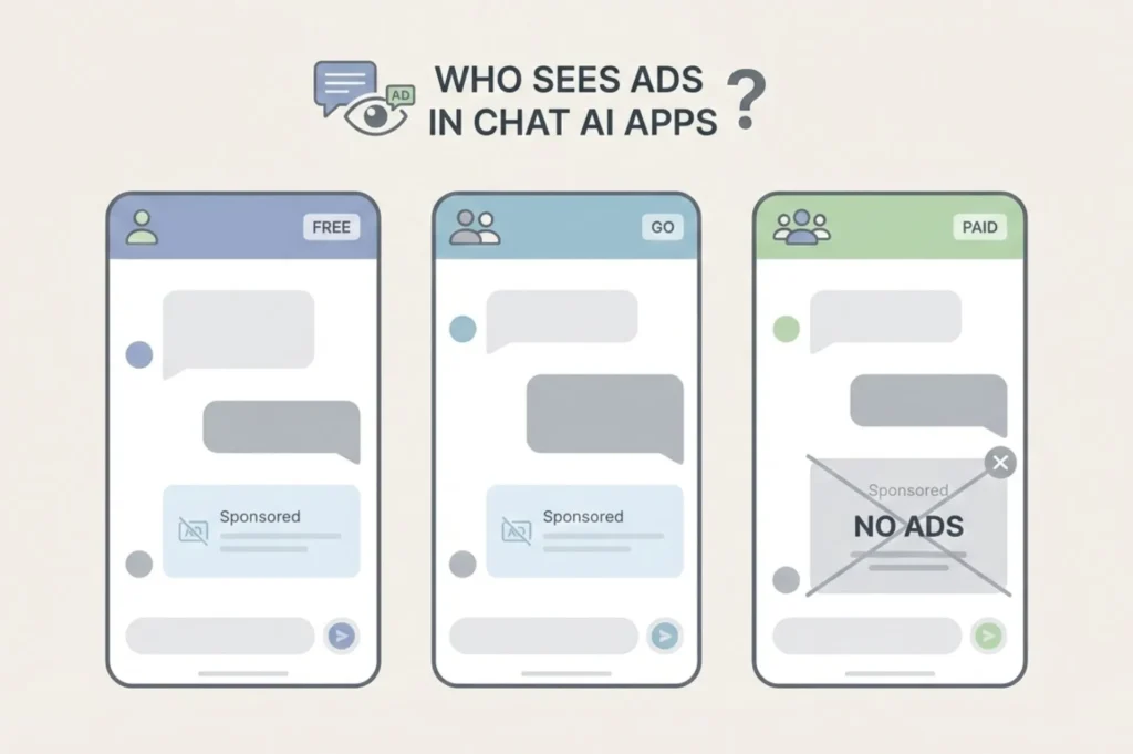 Infographic showing who sees sponsored ads in ChatGPT across Free, Go, and Paid plans