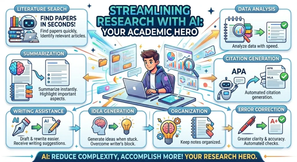Infographic titled "Streamlining Research with AI" showing eight modules for literature search, summarization, writing, and data analysis.