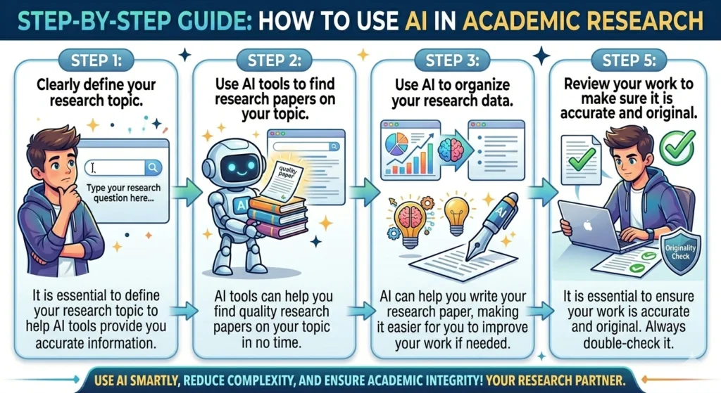 Step-by-step infographic titled "How to Use AI in Academic Research" featuring a four-panel linear flow from initial research to final originality checks.