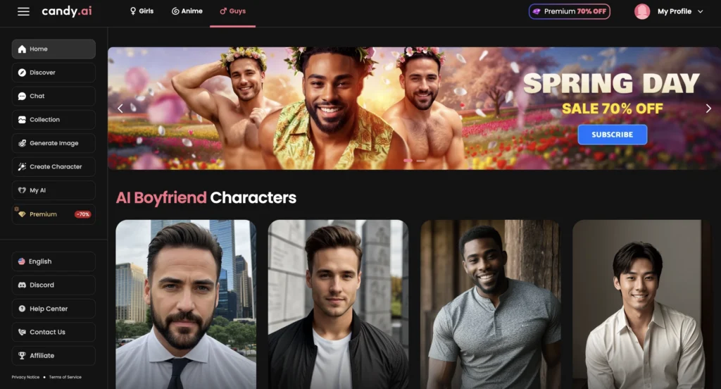 Candy AI website showing gay AI roleplay and AI boyfriend chat features