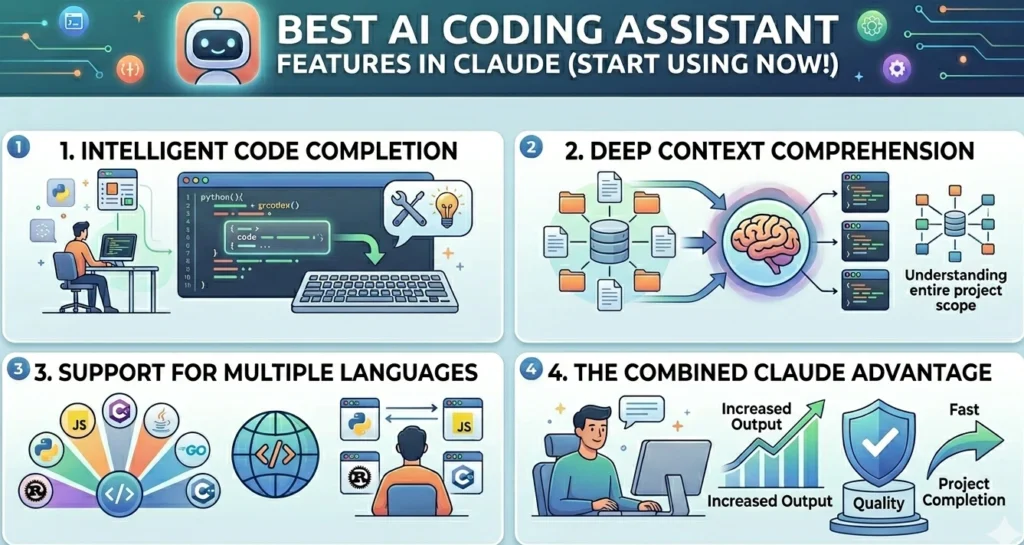 A clean infographic titled "Best AI Coding Assistant Features in Claude." It features four icons: 1. A keyboard with a lightbulb for "Intelligent Code Completion." 2. A brain connecting file folders for "Deep Context Comprehension." 3. A globe of coding logos like Python and JS for "Multi-Language Support." 4. A growth chart and quality shield for "The Combined Claude Advantage."
