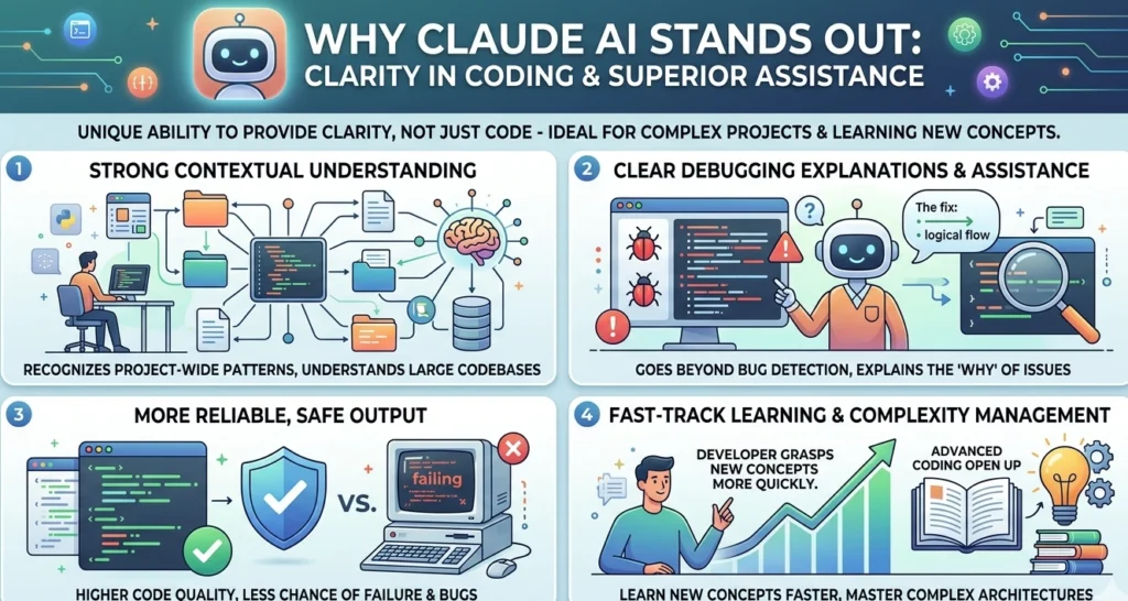 A four-panel infographic titled "Why Claude AI Stands Out." Panel 1 shows a developer managing a large codebase with "Strong Contextual Understanding." Panel 2 features a robot assistant explaining a bug fix for "Clear Debugging." Panel 3 compares a "Safe Output" shield against a failing legacy screen. Panel 4 shows a developer's growth curve with "Fast-Track Learning."