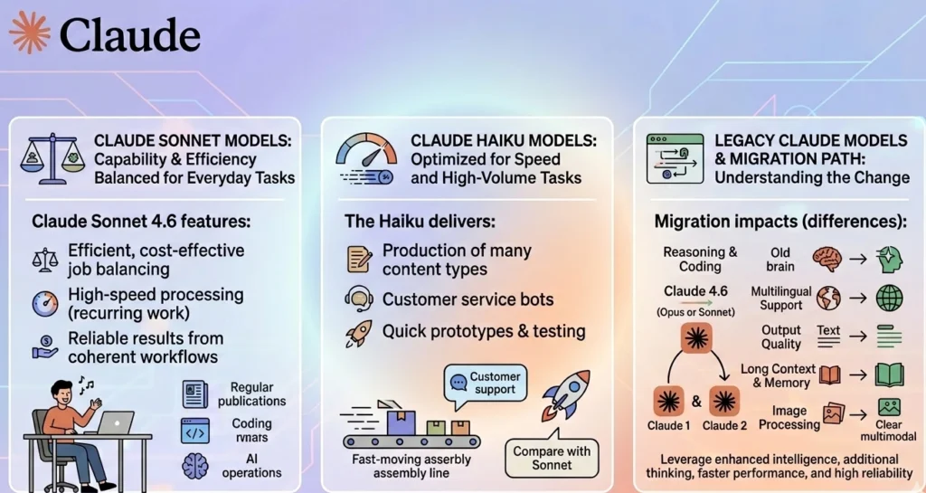 A three-column infographic for Claude AI. The left column details Claude Sonnet 4.6 for balanced efficiency; the middle column highlights Claude Haiku for speed and high-volume tasks; the right column illustrates the migration path from legacy models to Claude 4.6, showing improvements in reasoning, multilingual support, and multimodal handling. The design features a modern gradient background with the Claude logo at the top.