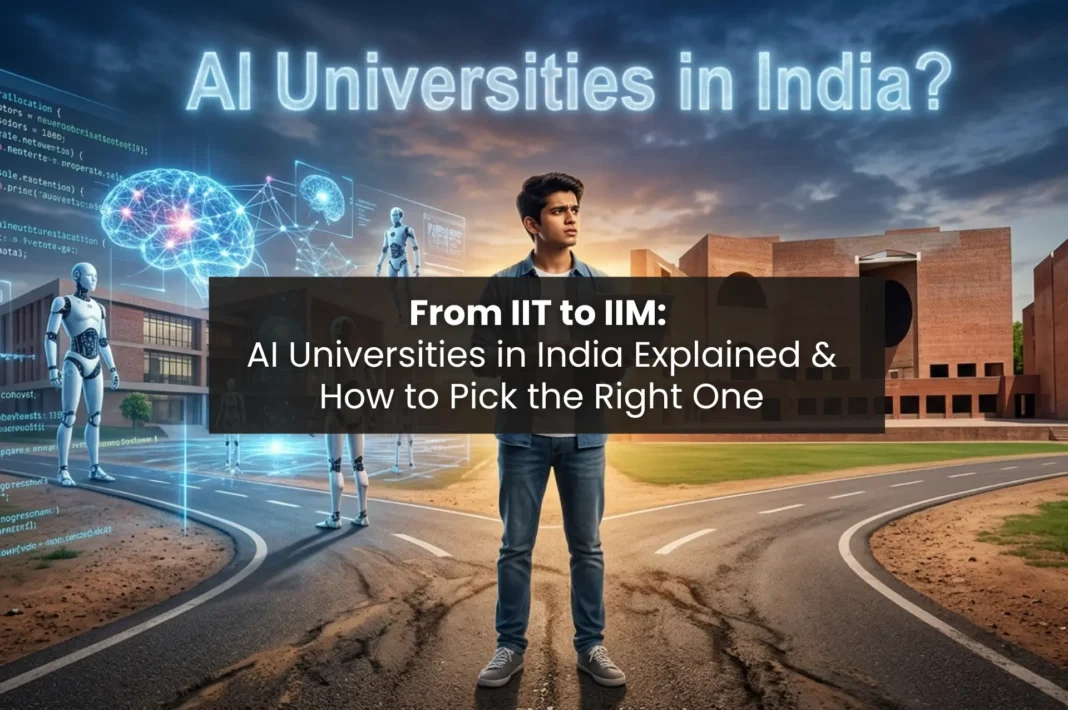 Student choosing between AI universities in India with futuristic AI visuals and an IIM-style campus representing career paths in artificial intelligence education.