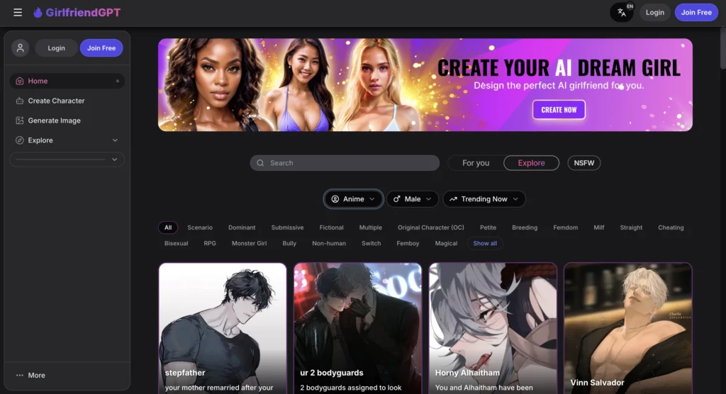 GirlfriendGPT website showing AI companion builder and anime character customization interface