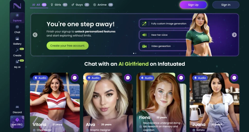 Infatuated AI homepage showing emotional chat interface with personalized AI companion.