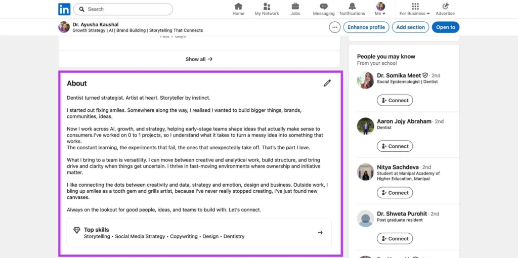 LinkedIn about section example showing how authentic summaries support visibility when LinkedIn profile not showing up in search.