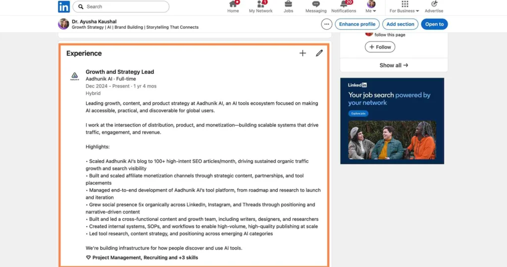 LinkedIn experience section example showing how impact-based descriptions help fix why LinkedIn profile not showing up in search.
