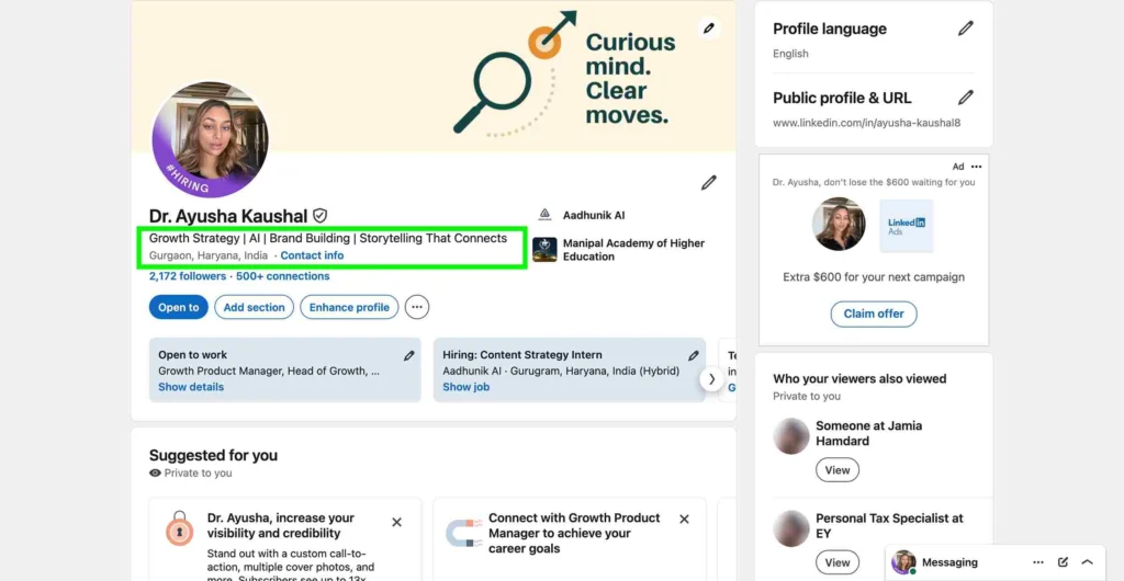 LinkedIn profile header showing a clear professional headline focused on growth strategy, AI, and brand building.