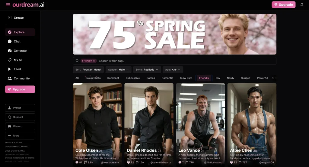 OurDream.ai platform for custom AI companions and gay AI roleplay
