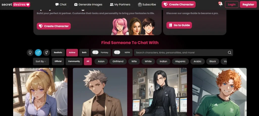 Secret Desires website displaying anime-inspired AI character chat interface