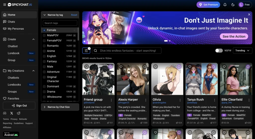 SpicyChat AI homepage showing thousands of AI characters and roleplay chat interface.