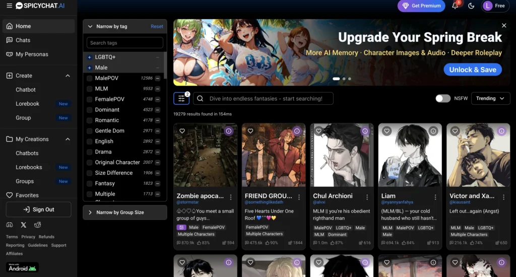 SpicyChat AI platform displaying customizable gay AI chat experience