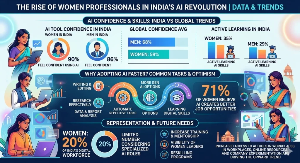 Infographic displaying Women in Tech India statistics with 90% confident using AI tools, 35% learning AI skills, 71% seeing AI career benefits, 20% in digital workforce, and global comparison of men 68% vs women 59% confident with AI