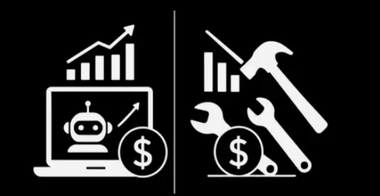 Black and white illustration comparing AI-powered marketing automation with a growth chart on the left and manual marketing tools with a dollar sign on the right