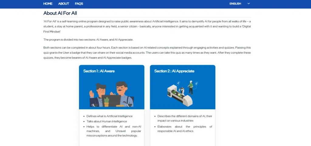 Screenshot of the AI for All platform showing introductory AI learning modules including AI Aware and AI Appreciate sections for beginners.