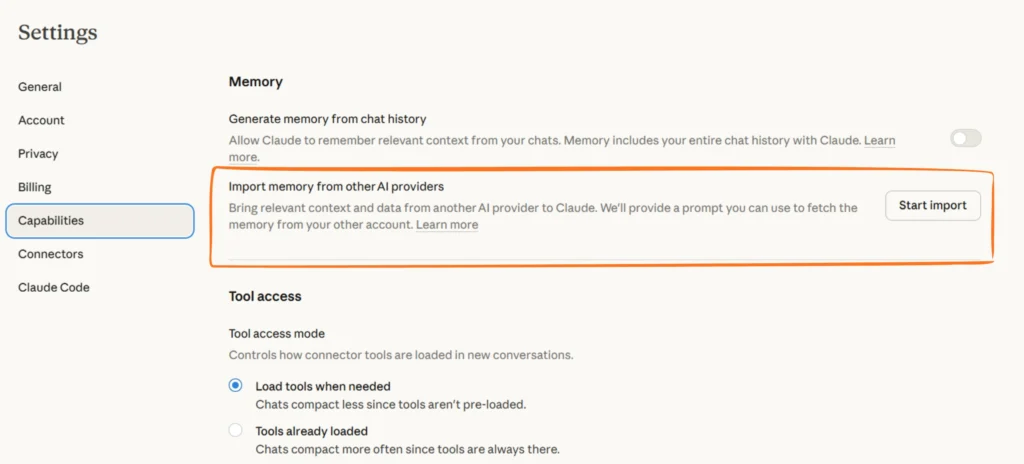 Claude AI Settings page showing the Capabilities tab with the "Import memory from other AI providers" option highlighted in orange, including ChatGPT and Gemini migration support