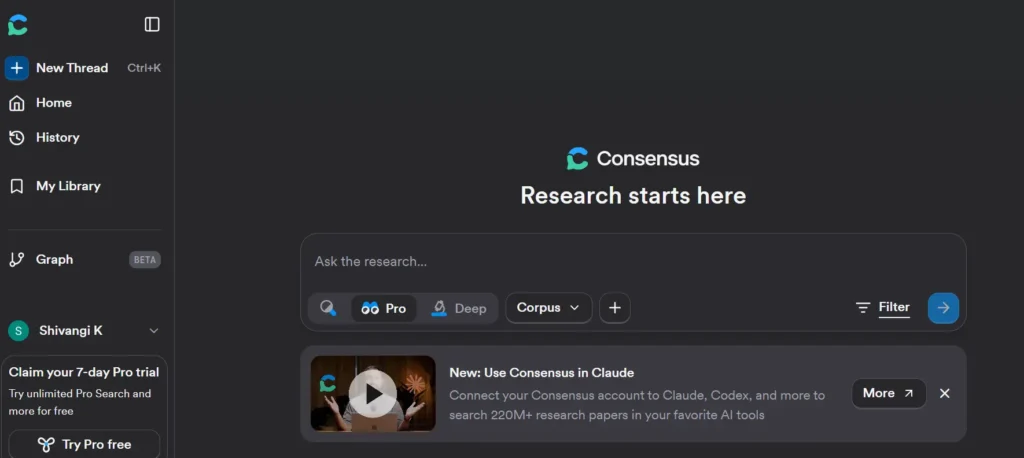 A research interface like Consensus AI showing peer-reviewed academic paper search results and evidence-based summaries for student research.