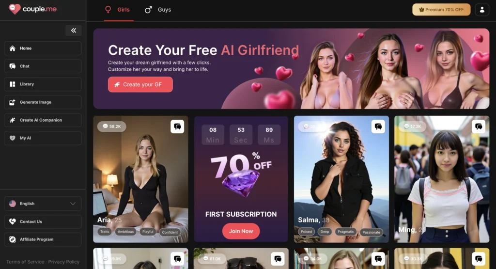 couple.me app website displaying virtual AI partner creation and chat interface for couples.