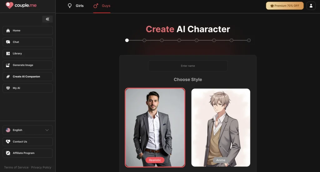 couple.me website showing AI companion relationship interface with customizable anime-style characters