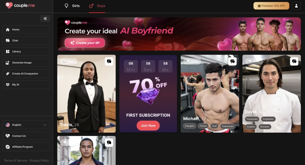 couple.me platform showing relationship-style AI boyfriend chat