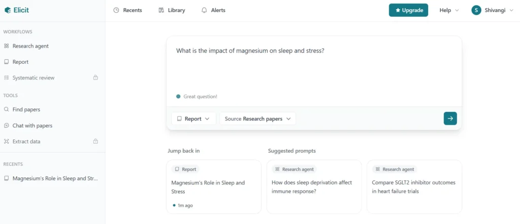 Student using an AI research tool like Elicit to search, analyze, and organize academic papers efficiently.