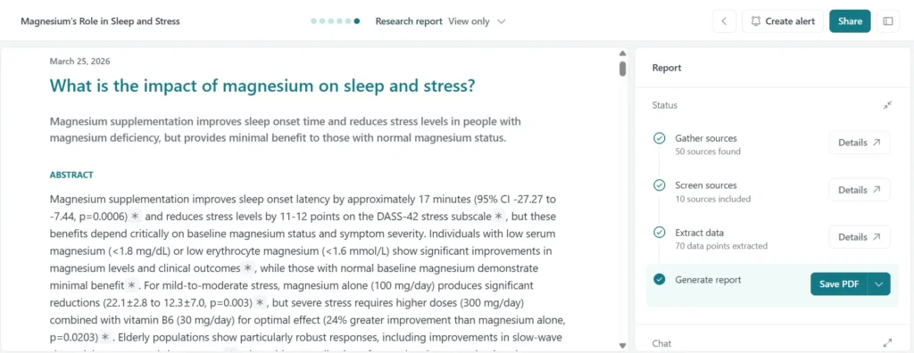 AI research report interface summarizing multiple academic papers into a clear answer about magnesium’s impact on sleep and stress.