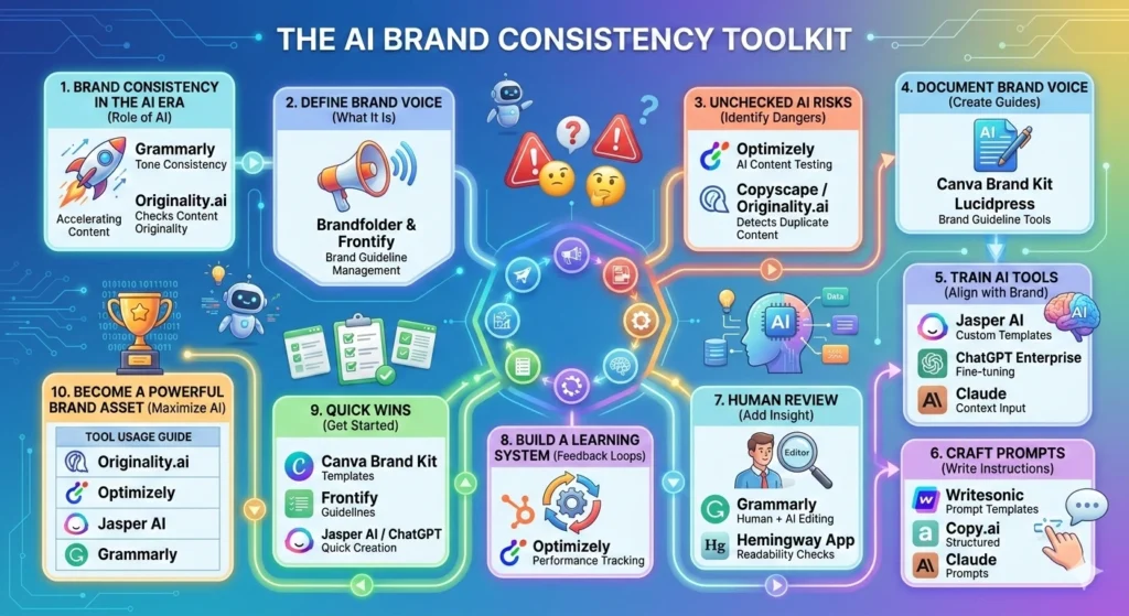 This infographic outlines a 10-step workflow for brand consistency, highlighting essential tools like Frontify for guidelines, Jasper for custom templates, and Optimizely for testing AI content.