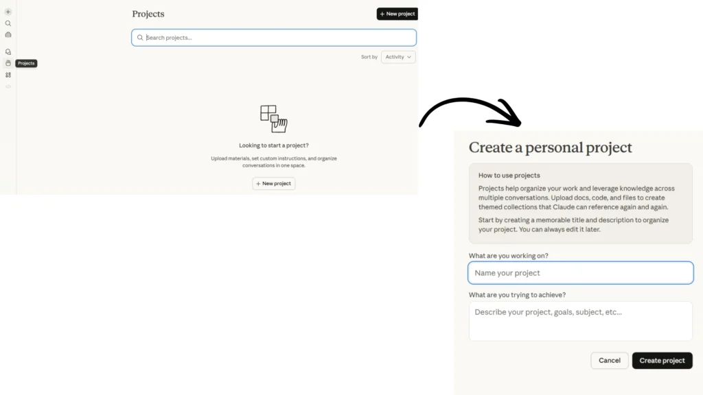 Claude AI Projects page showing the "Create a personal project" panel with fields for project name and goals, explaining how to upload docs and set custom instructions for persistent memory across conversations