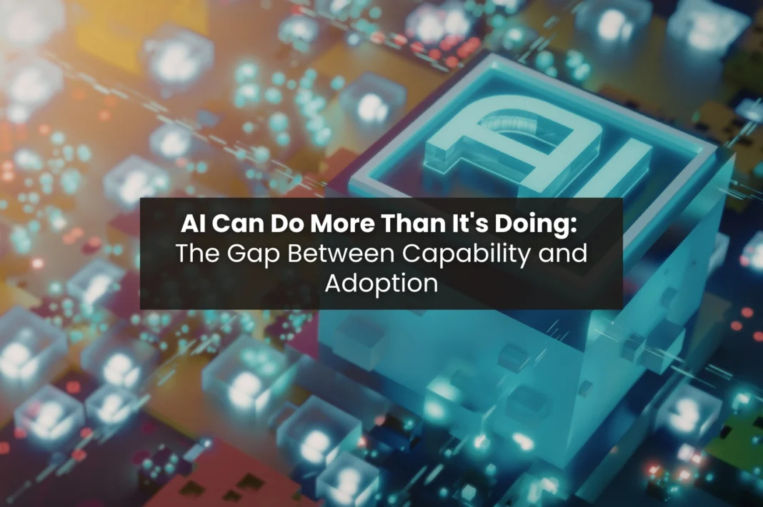 Glowing AI symbol on a circuit board representing the gap between AI theoretical capability and actual adoption in the labor market