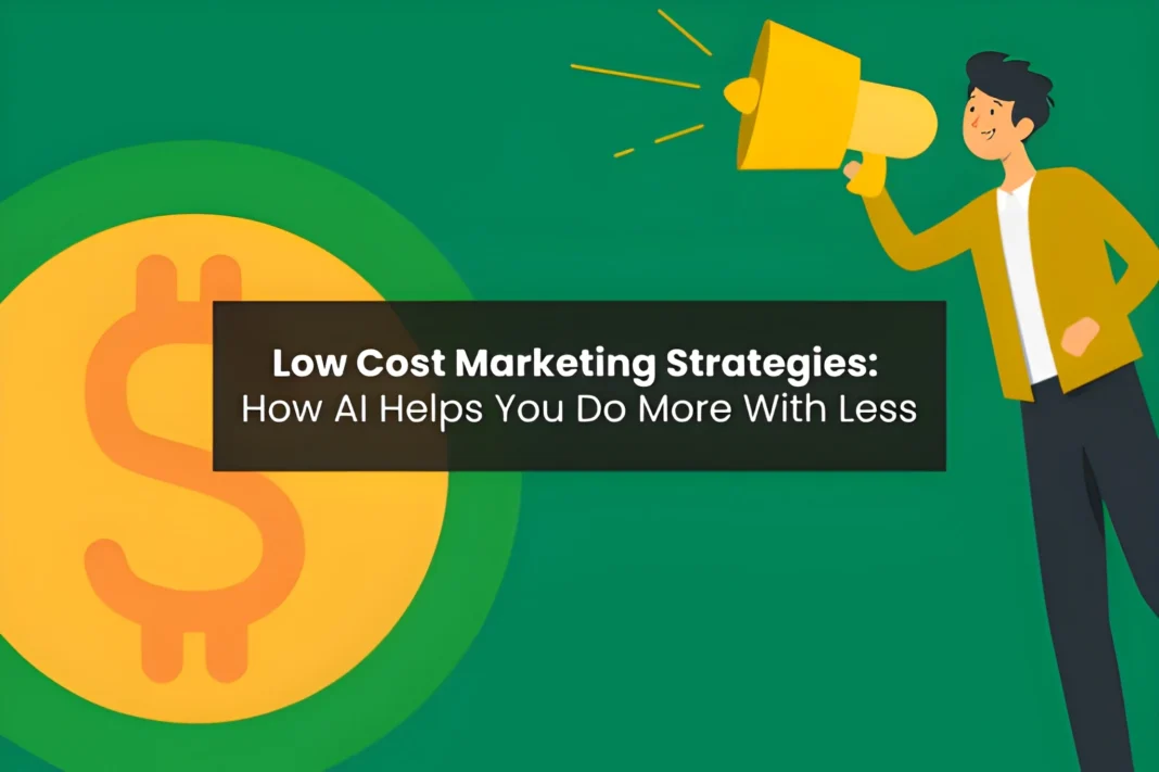 Illustration of a person with a megaphone next to a dollar sign representing low cost marketing strategies powered by AI