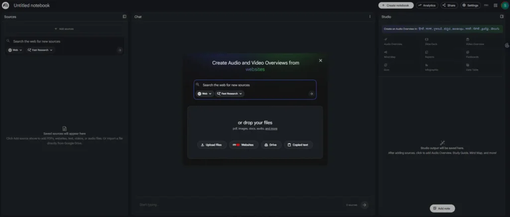 NotebookLM workspace where a student uploads sources and uses AI to generate summaries, audio overviews, and structured research notes.