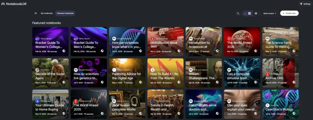NotebookLM interface displaying multiple research notebooks with organized sources, topics, and AI-powered summaries for students.