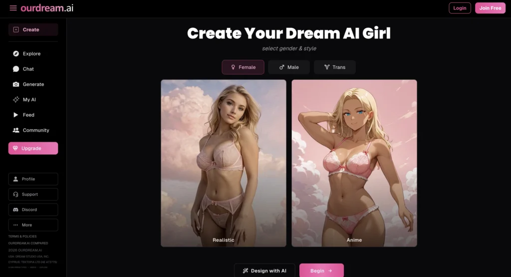 OurDream AI website showing AI companion creation, text and voice chat, and image generation screen.
