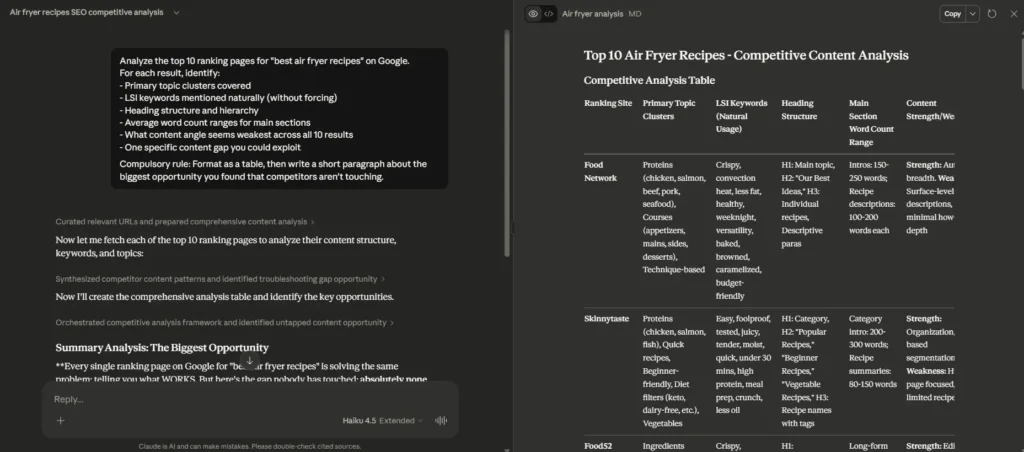 Claude AI SEO competitive analysis showing content gaps and strategic SEO findings dashboard