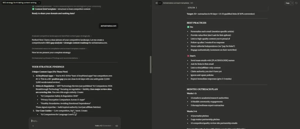 Claude AI SEO content gap analysis with outreach plan, best practices, and link building strategy