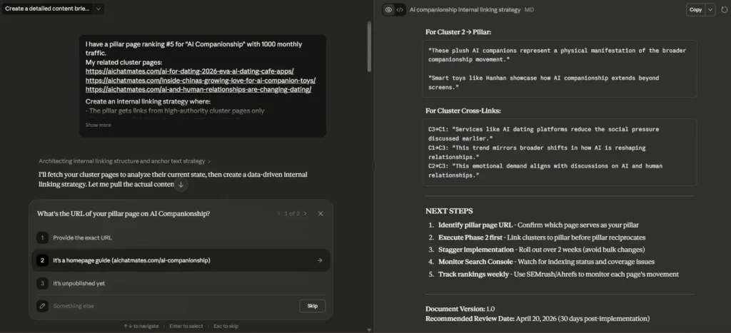 SEO internal linking plan showing connections between pillar page and supporting cluster content