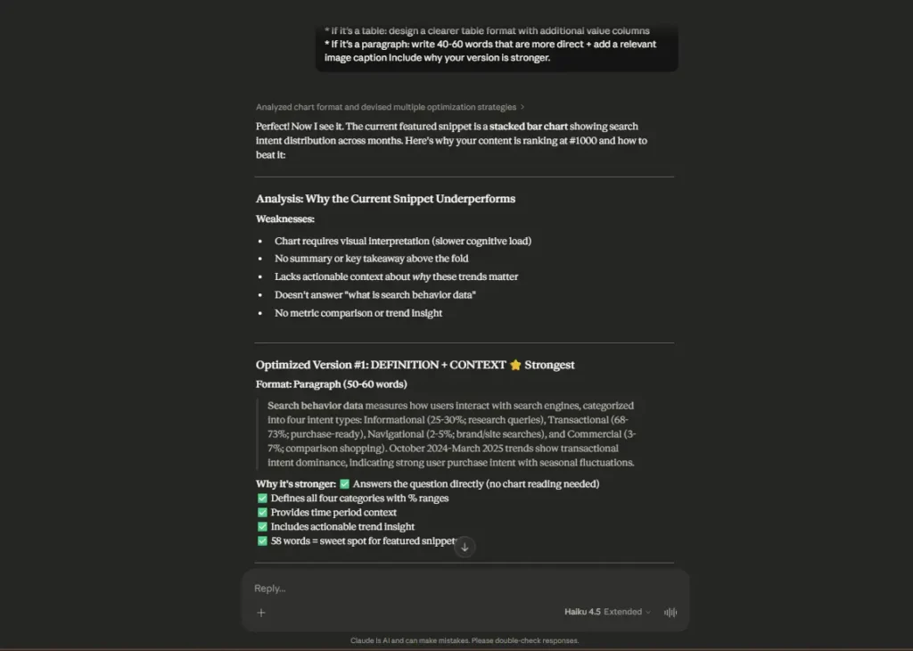 Claude AI SEO snippet optimization with improved paragraph structure and direct answer formatting